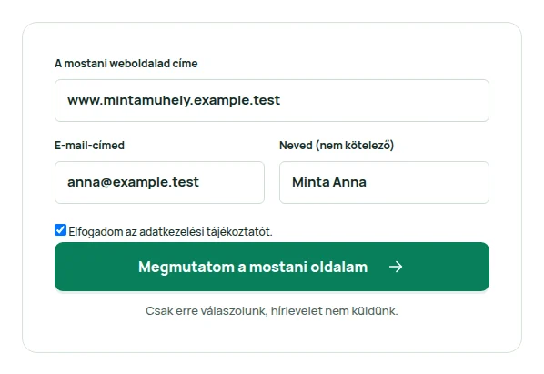 Valódi Promokit ajánlatkérő űrlap mintaadatokkal