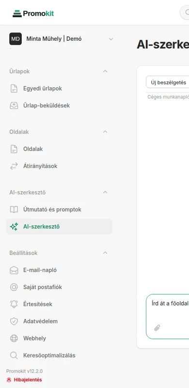 A Promokit admin felülete mobil nézetben egy demó-cégen: oldalak, átirányítások, AI-szerkesztő. Valódi admin-képernyő, demóadat.