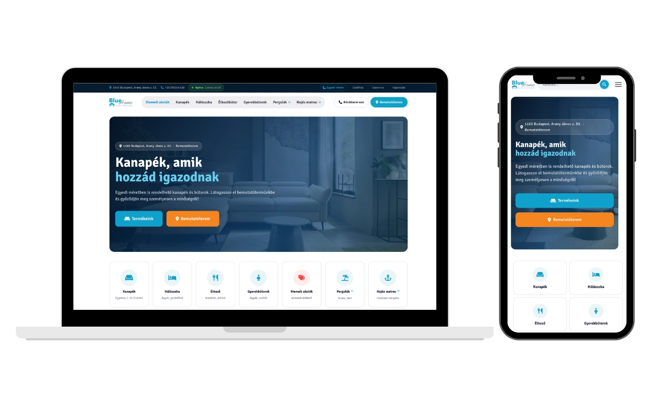 BlueHome weboldal laptop és mobil nézet